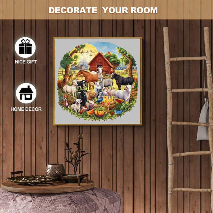 Colorful Fun Farm wooden puzzle featuring barn and various farm animals, ideal for home decor and gifts.