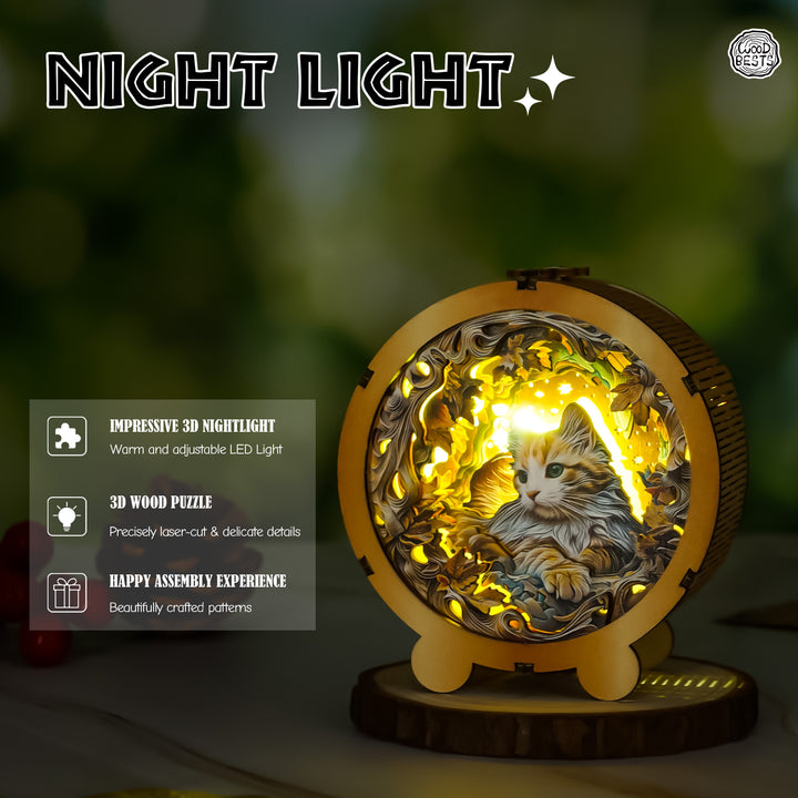 3D wooden cat puzzle night light with adjustable LED, featuring intricate details and warm illumination.