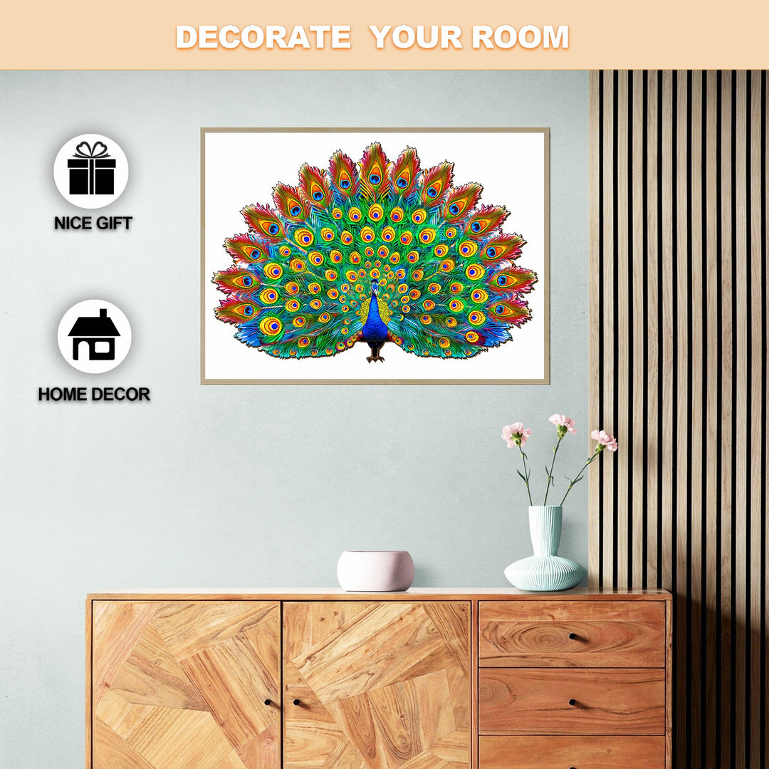 Colorful peacock artwork displayed in a stylish room, ideal for home decor and as a unique gift.