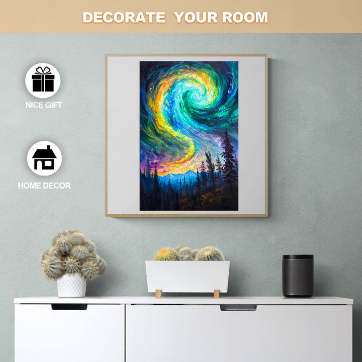 Night Aurora-1 wooden jigsaw puzzle displayed as home decor, enhancing room aesthetics with vibrant colors.