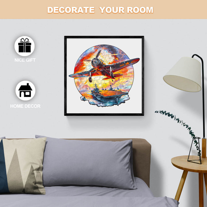 Colorful fighter plane artwork on a wall, perfect for home decor and a thoughtful gift.