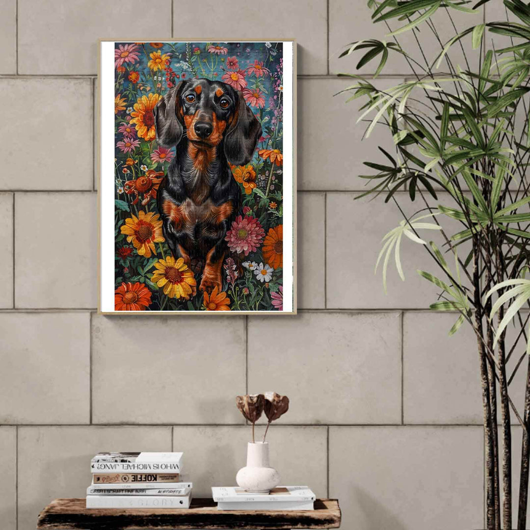 Dachshund surrounded by colorful flowers, showcasing a vibrant 500/1000 piece jigsaw puzzle design.