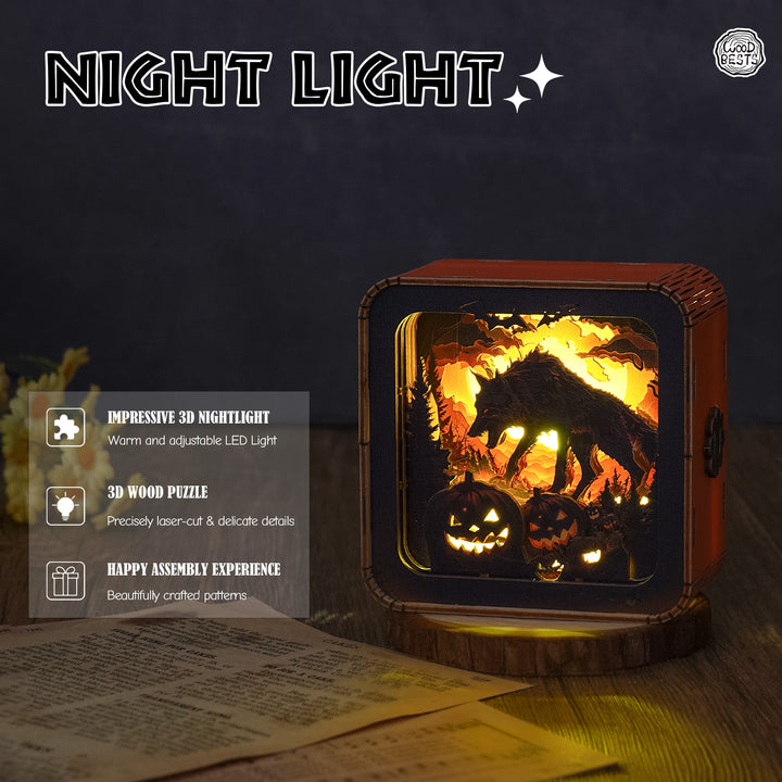 Halloween Wolf Kit - 3D wooden puzzle night light with LED features, showcasing intricate designs and warm lighting.