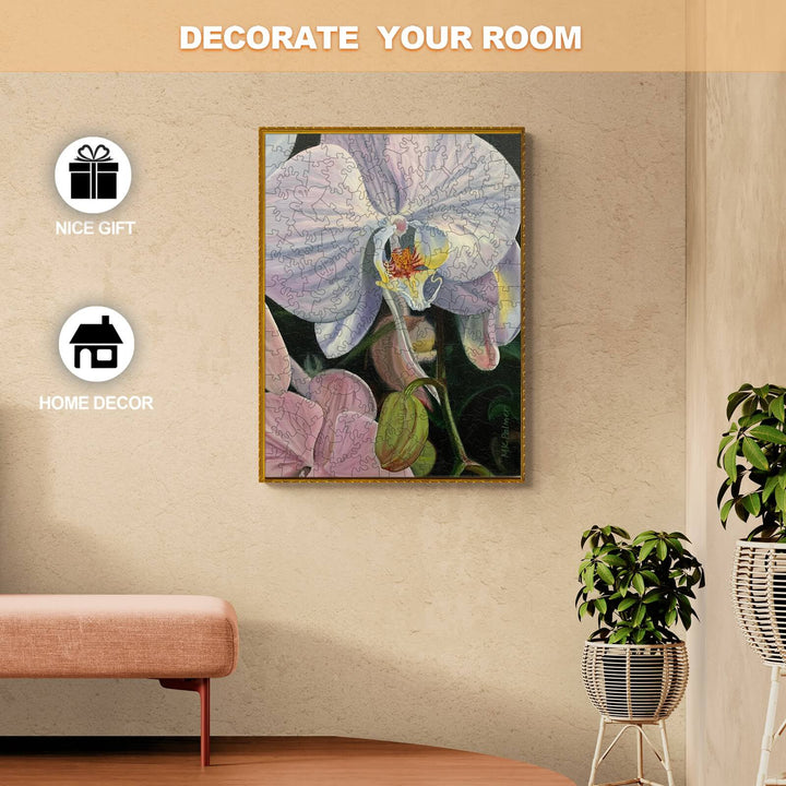 Orchid artwork by Marianne K Palmer showcased in a stylish living room setting, perfect for home decor and gifts.