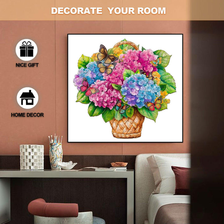 Colorful flower basket and butterflies wooden jigsaw puzzle for home decor and gifting.