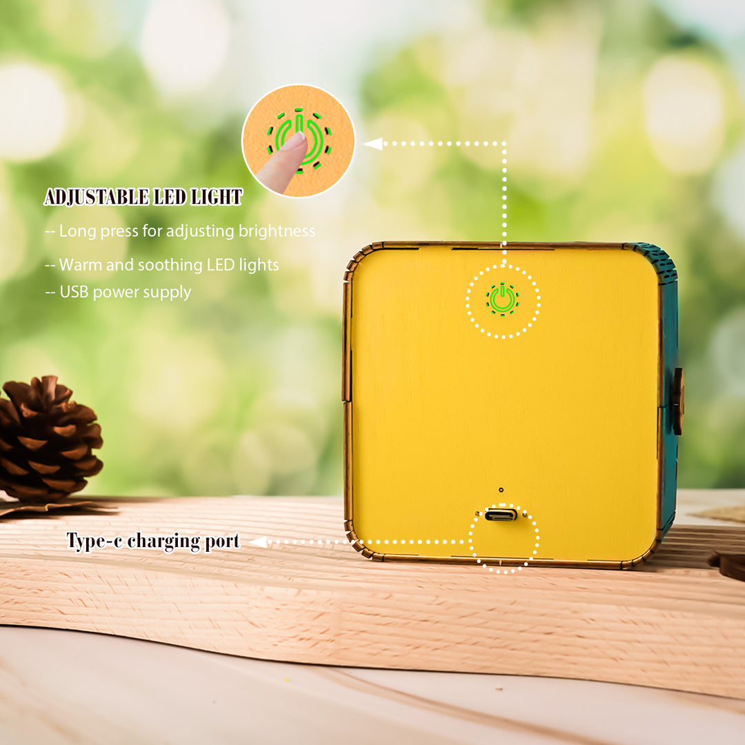 Adjustable LED light night light with USB power supply and Type-C charging port, featuring a warm glow and brightness control.