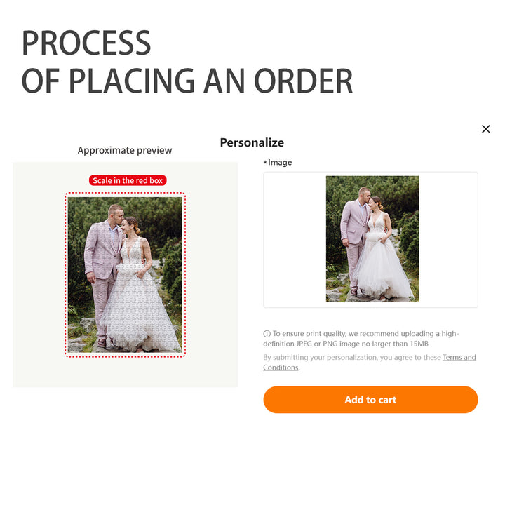 Image showing the process of personalizing a wedding photo puzzle order.