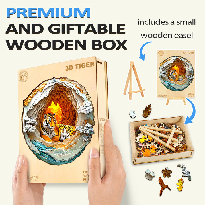3D Tiger wooden jigsaw puzzle in a premium gift box, with colorful pieces and a small easel for display.