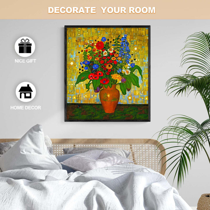 Vase with delphiniums artwork by Nicholas John VARDAXIS in a bright room, perfect for home decor and inspiration.