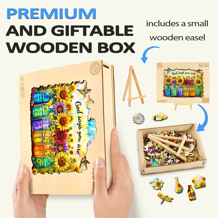 God Says You Are wooden jigsaw puzzle in a gift box with a small easel, designed for mindful exploration and focus.