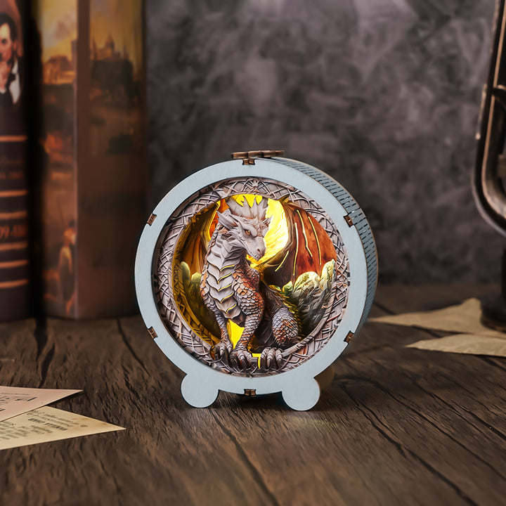 Ancient Dragon Kit 3D wooden puzzle night light featuring a detailed dragon design in a circular wooden frame.