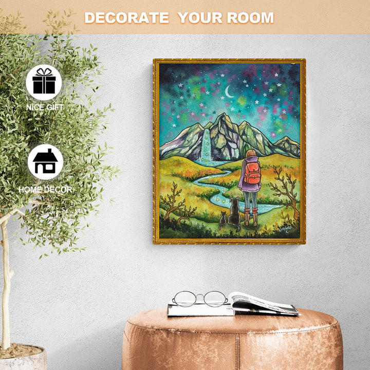 Colorful artwork titled 'Mountains and Stars' by Kathryn Fedora, depicting a hiker amidst vibrant landscapes, perfect for home decor.