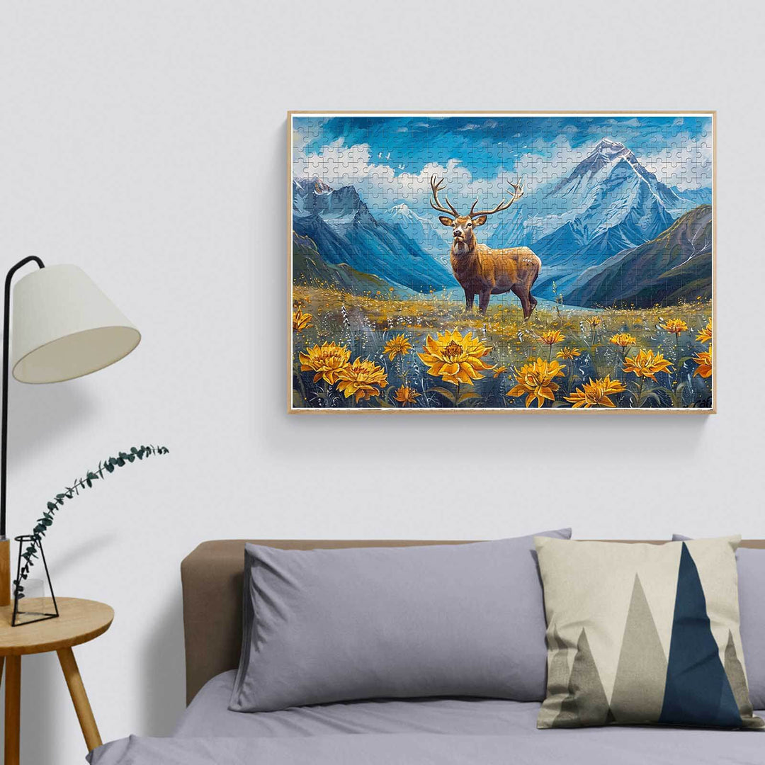 Colorful elk puzzle art with mountains and flowers, perfect for jigsaw puzzle enthusiasts and mind games lovers.