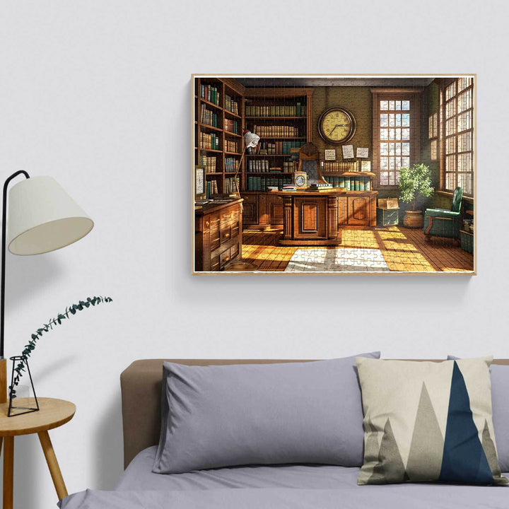 Cozy study with bookshelves, a large clock, and warm lighting, perfect for jigsaw puzzle enthusiasts.
