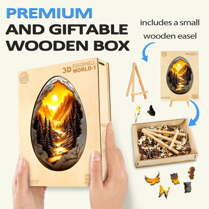 3D Eggshell World-1 wooden jigsaw puzzle in giftable box with easel; perfect for puzzle enthusiasts and mindful play.