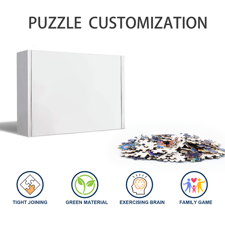 Customizable jigsaw puzzle box showcasing tight joining, eco-friendly material, brain exercise, and family game features.