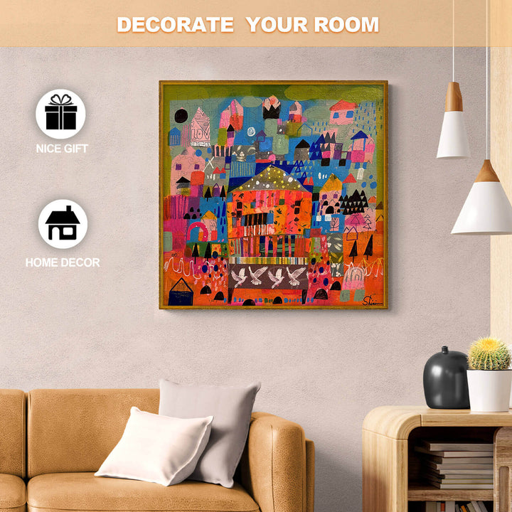 A vibrant artwork by Shirin Moarefi displayed in a cozy living room setting, perfect for home decor and gifts.