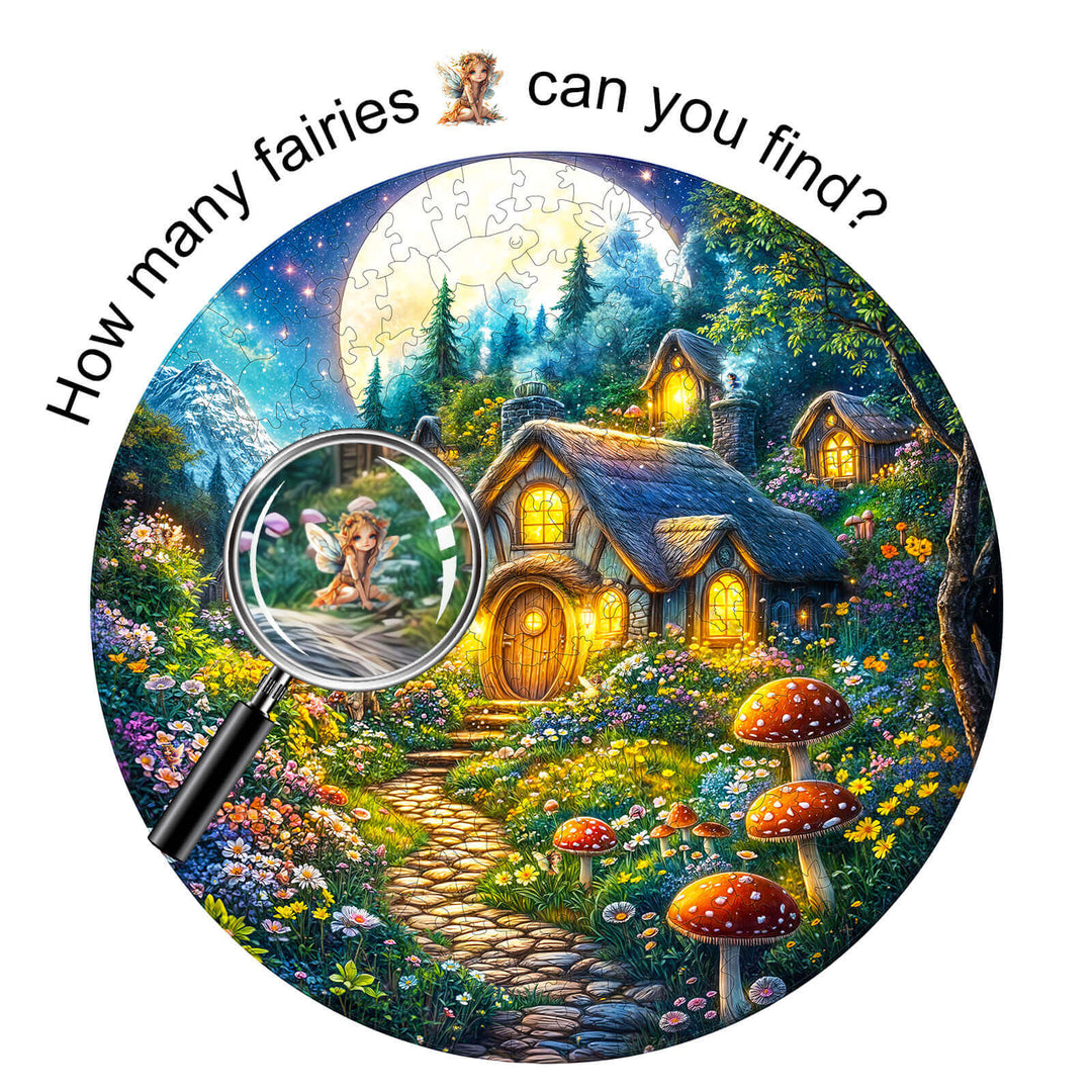 A seek and find fairies wooden jigsaw puzzle depicting a colorful fairy-tale scene with hidden fairies.