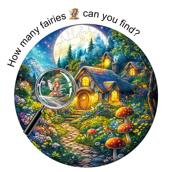 A seek and find fairies wooden jigsaw puzzle depicting a colorful fairy-tale scene with hidden fairies.