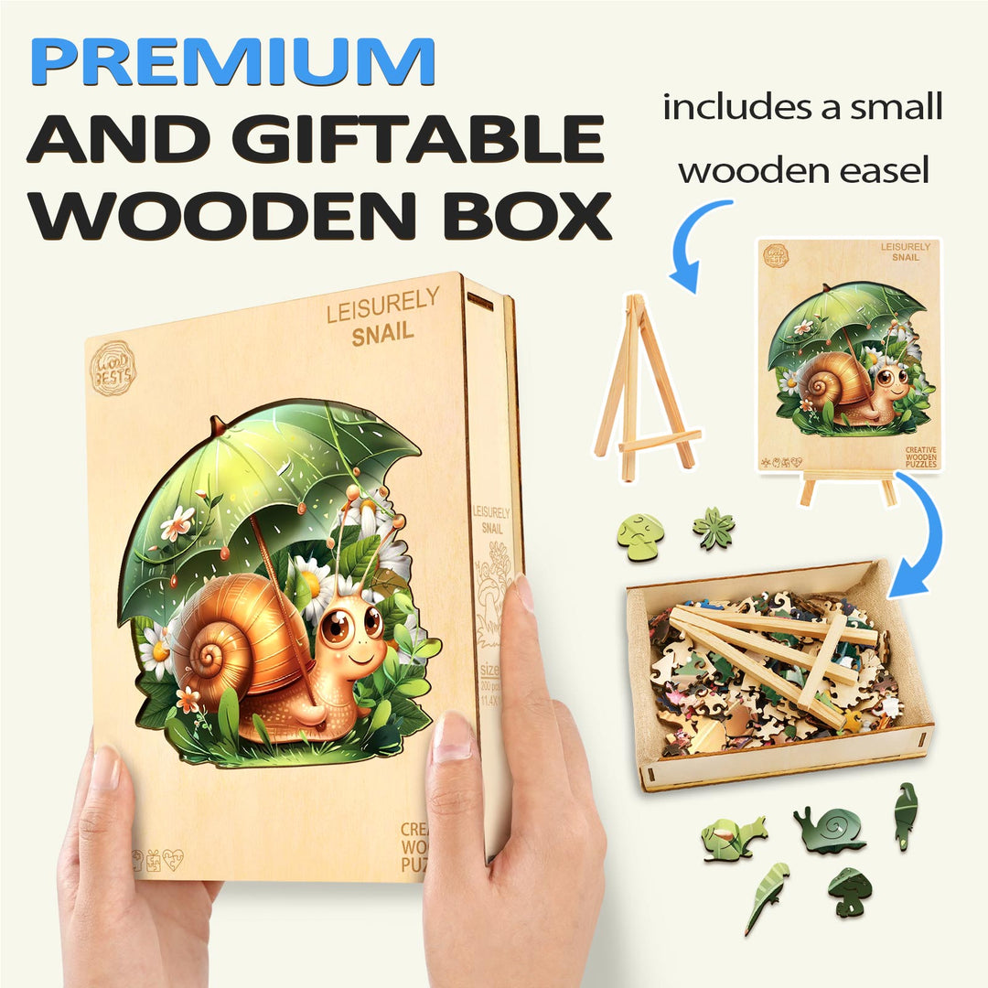 Leisurely Snail wooden jigsaw puzzle in a premium gift box, complete with a small wooden easel for display.