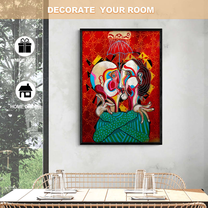 A vibrant artwork featuring two intertwined faces, perfect for home decor and artistic inspiration.