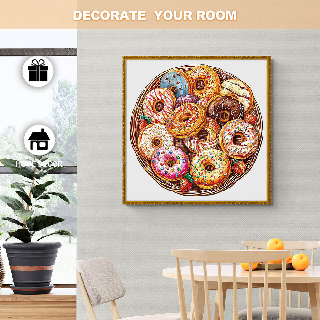 Colorful wooden jigsaw puzzle featuring a variety of donuts, perfect for room decor and brain-teasing fun.