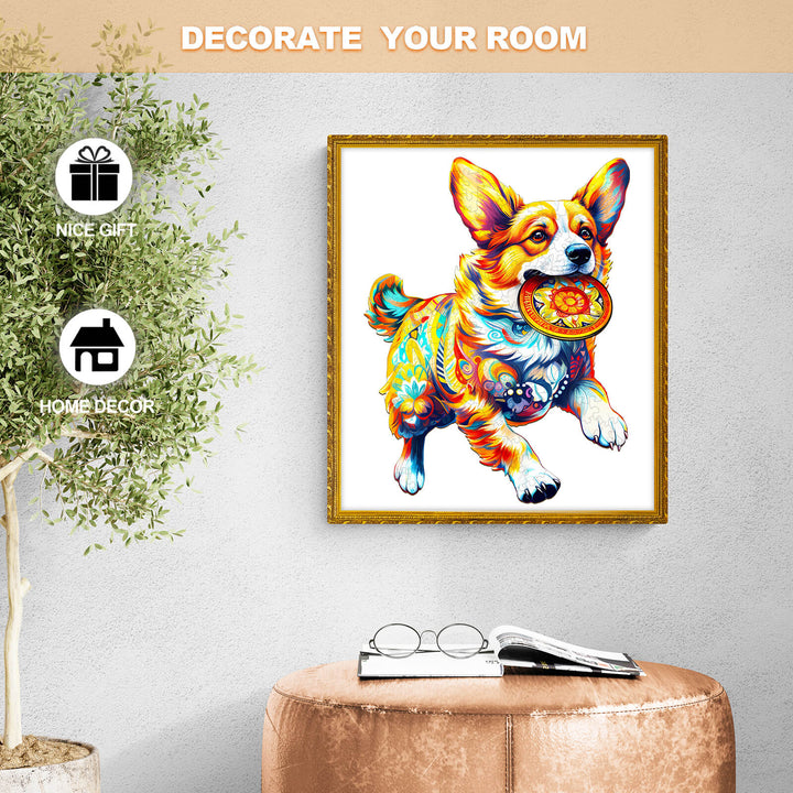 Vibrant artwork of a Corgi playing with a frisbee, perfect for home decor and gifts.