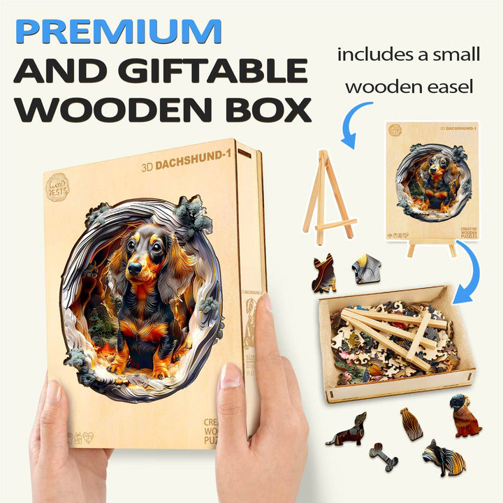 3D Dachshund-1 wooden jigsaw puzzle in a premium gift box with small easel, perfect for all ages and animal lovers.