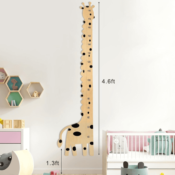 Wooden giraffe growth chart ruler measuring 4.6 feet, perfect for kids' nursery decor.