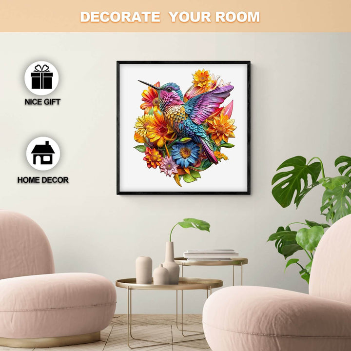Hummingbird and flowers wooden jigsaw puzzle displayed in a stylish living room setting, perfect home decor and gift idea.