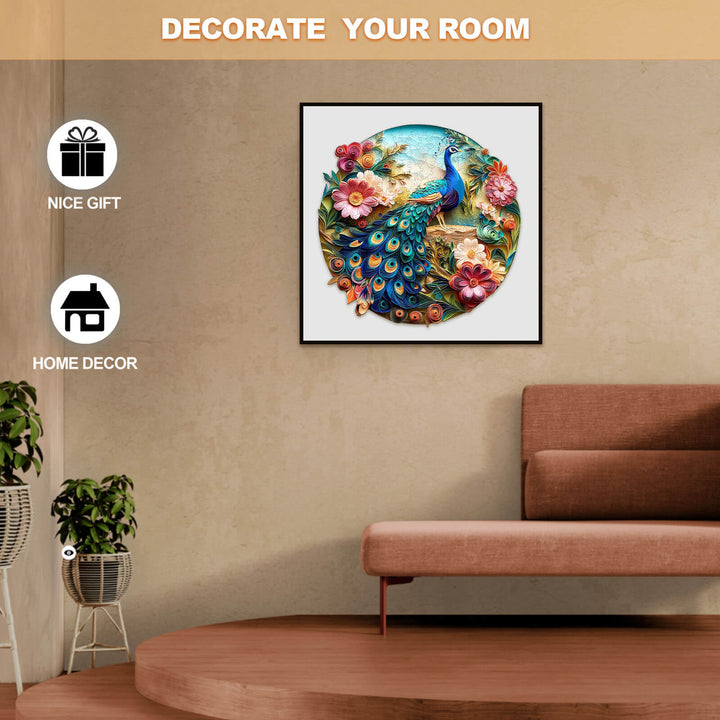 Colorful 3D peacock wooden jigsaw puzzle displayed as home decor, perfect for enhancing room aesthetics.