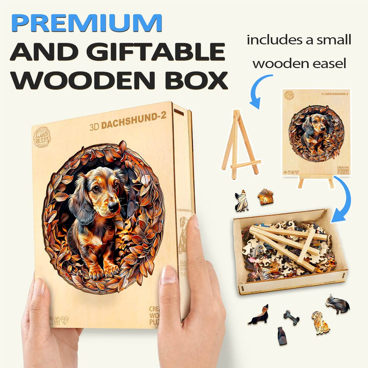 3D Dachshund-2 wooden jigsaw puzzle in a premium gift box with small easel, perfect for puzzle lovers.