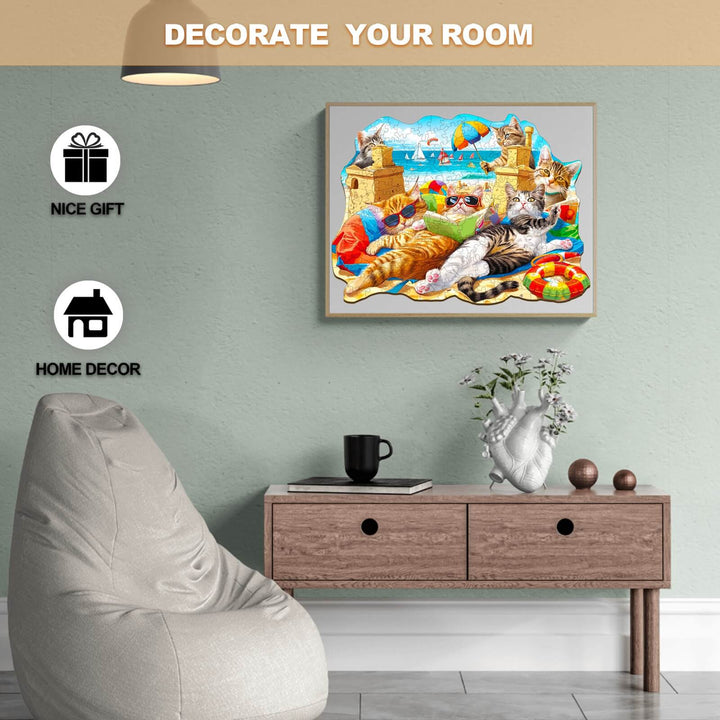 Cozy living room featuring Beach Cat wooden jigsaw puzzle art, perfect for home decor and a nice gift.
