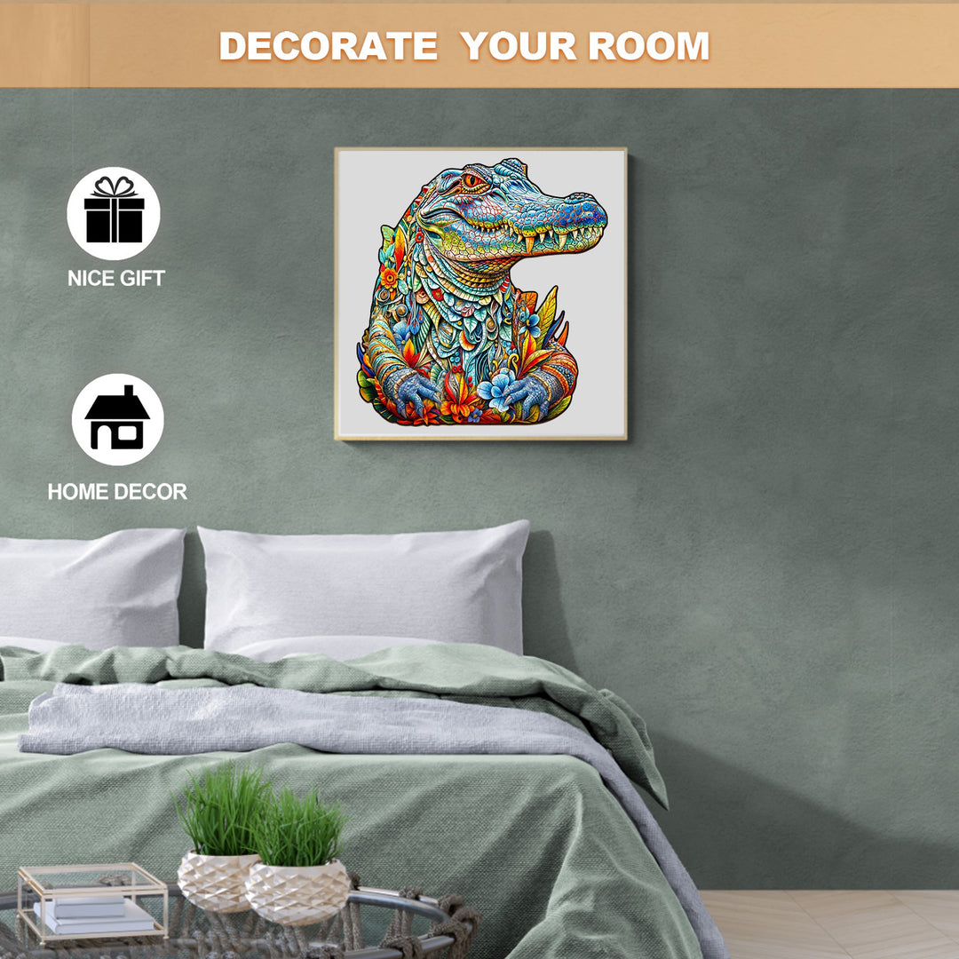 Colorful crocodile wall art in a bedroom setting, showcasing home decor and perfect for gifting.