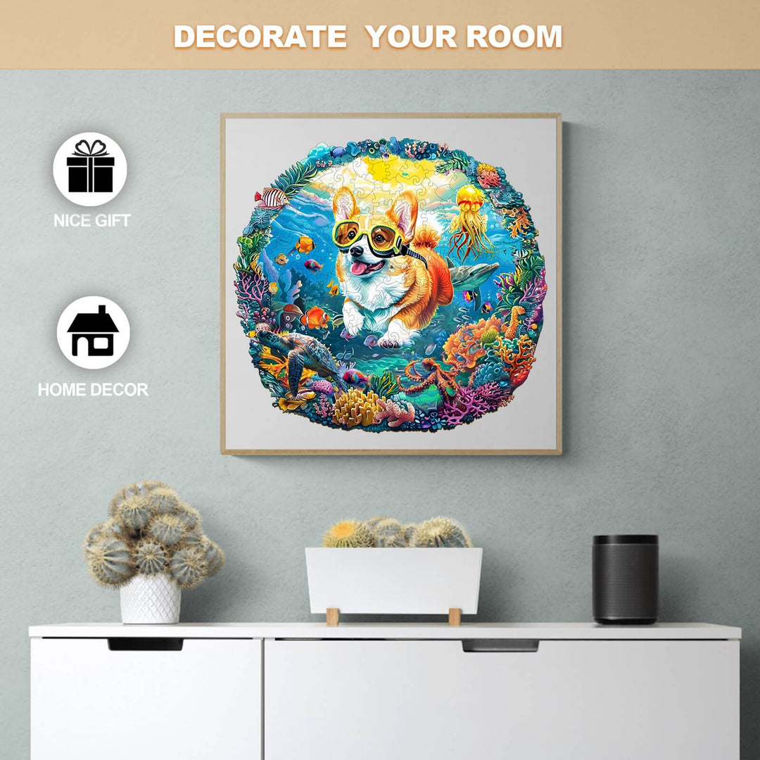 Colorful Diving Corgi jigsaw puzzle artwork for home decor, featuring an adventurous corgi surrounded by marine life.