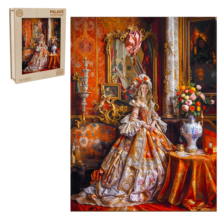 Custom wooden puzzle of fashionable character inspired by Palace Portrait, featuring vibrant colors and intricate design.