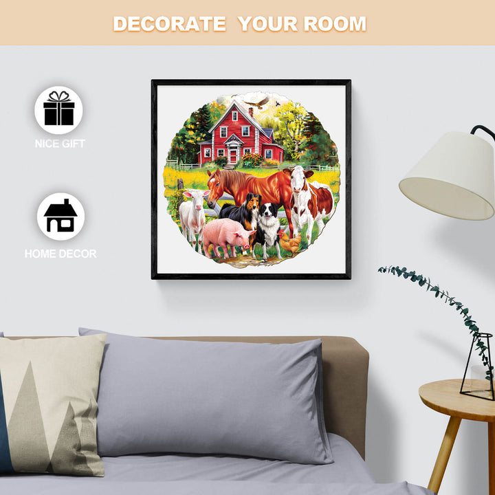 Colorful farm animals artwork featuring a red barn, perfect for home decor and gifting.