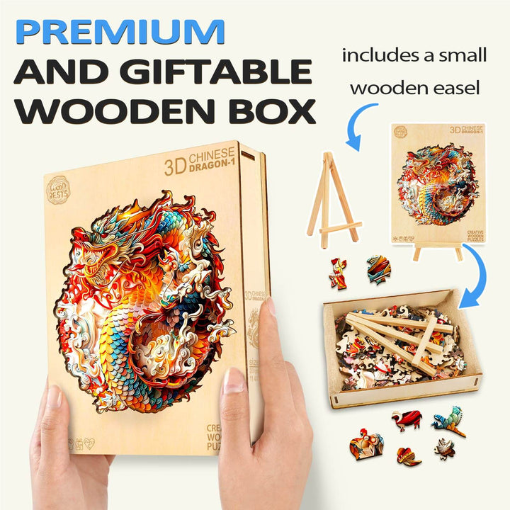 Premium 3D Chinese Dragon-1 wooden jigsaw puzzle in a gift box with small wooden easel for display.