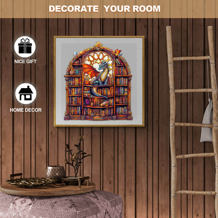 Colorful dragon illustration in a bookshelf frame, perfect for home decor and gift ideas.