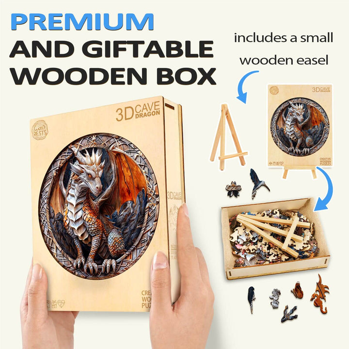 3D Cave Dragon wooden jigsaw puzzle in premium box with wooden easel, perfect for gifting and enhancing focus.