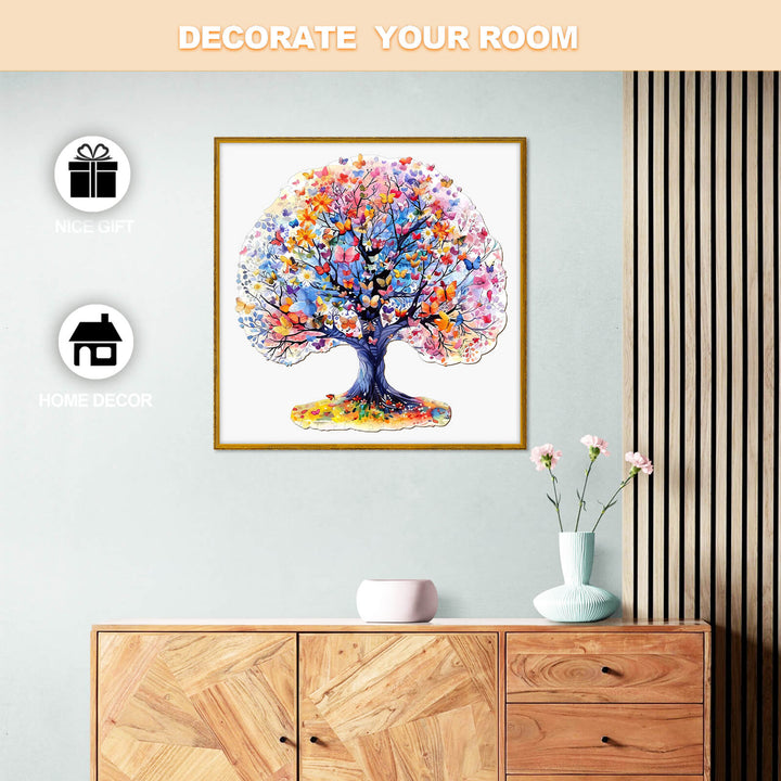 Colorful Life Tree artwork displayed on a wooden shelf, perfect for home decor and as a thoughtful gift.