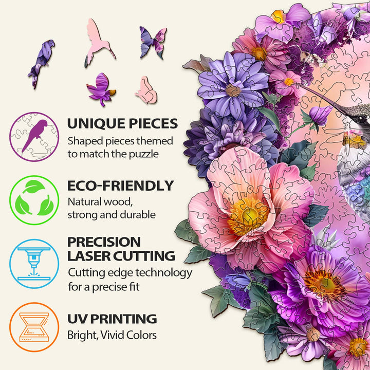 Hummingbird and Moon wooden jigsaw puzzle details: unique pieces, eco-friendly, precision cutting, UV printing.