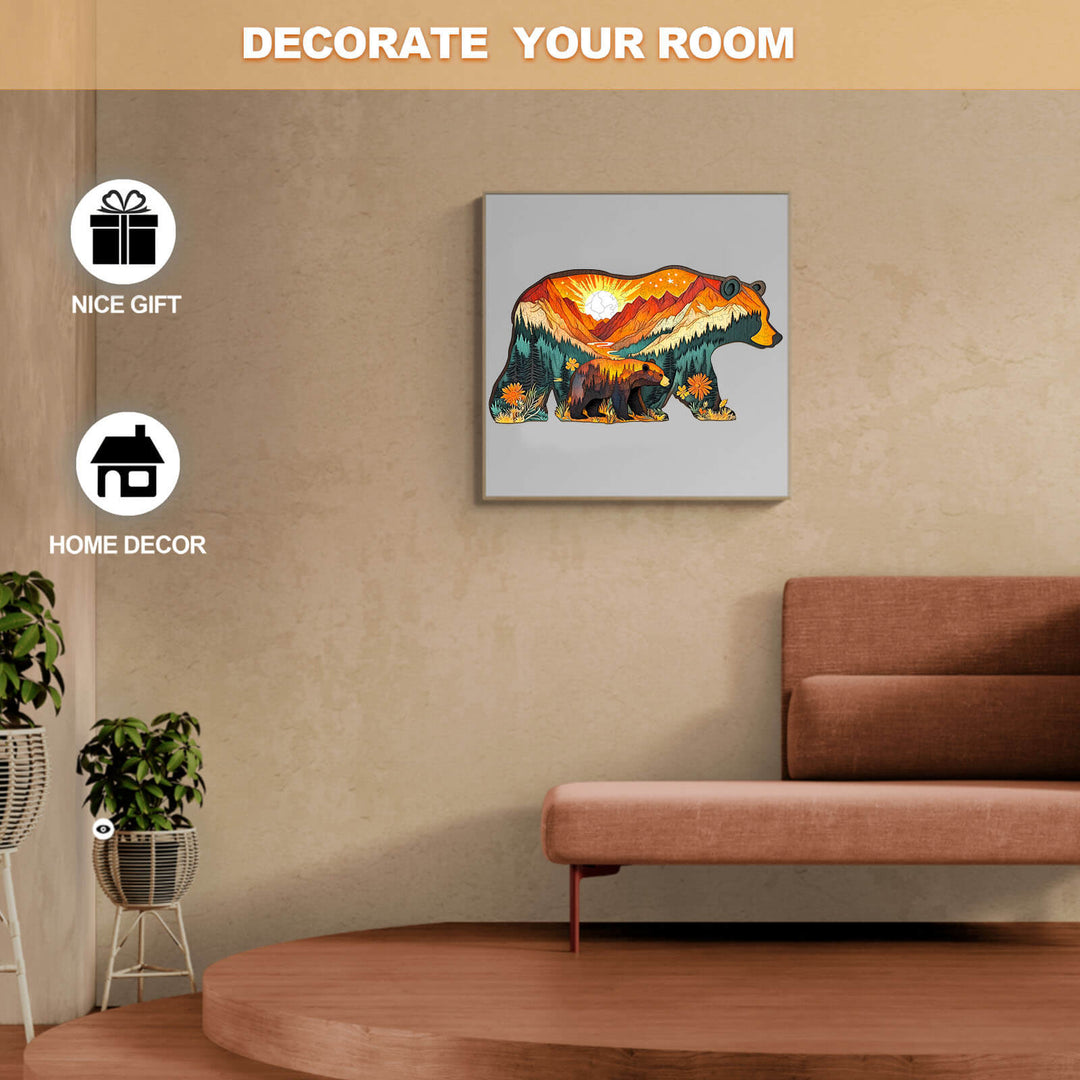 Colorful bear artwork on wall in cozy living room, perfect for home decor and gifts.