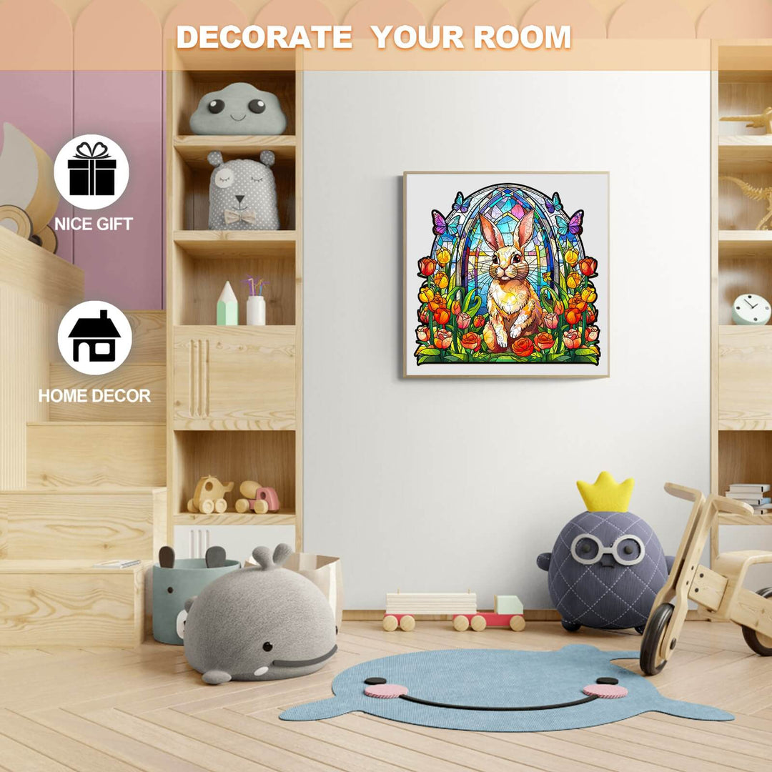 Colorful Stained Glass Rabbit puzzle artwork enhancing a cozy room decor, perfect as a unique gift.