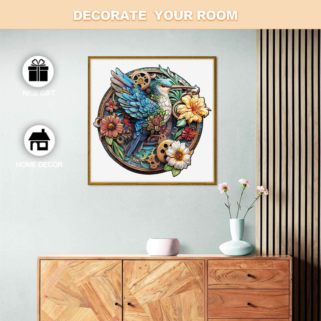 Colorful hummingbird jigsaw puzzle artwork as home decor, enhancing your room's aesthetic with vibrant flowers.
