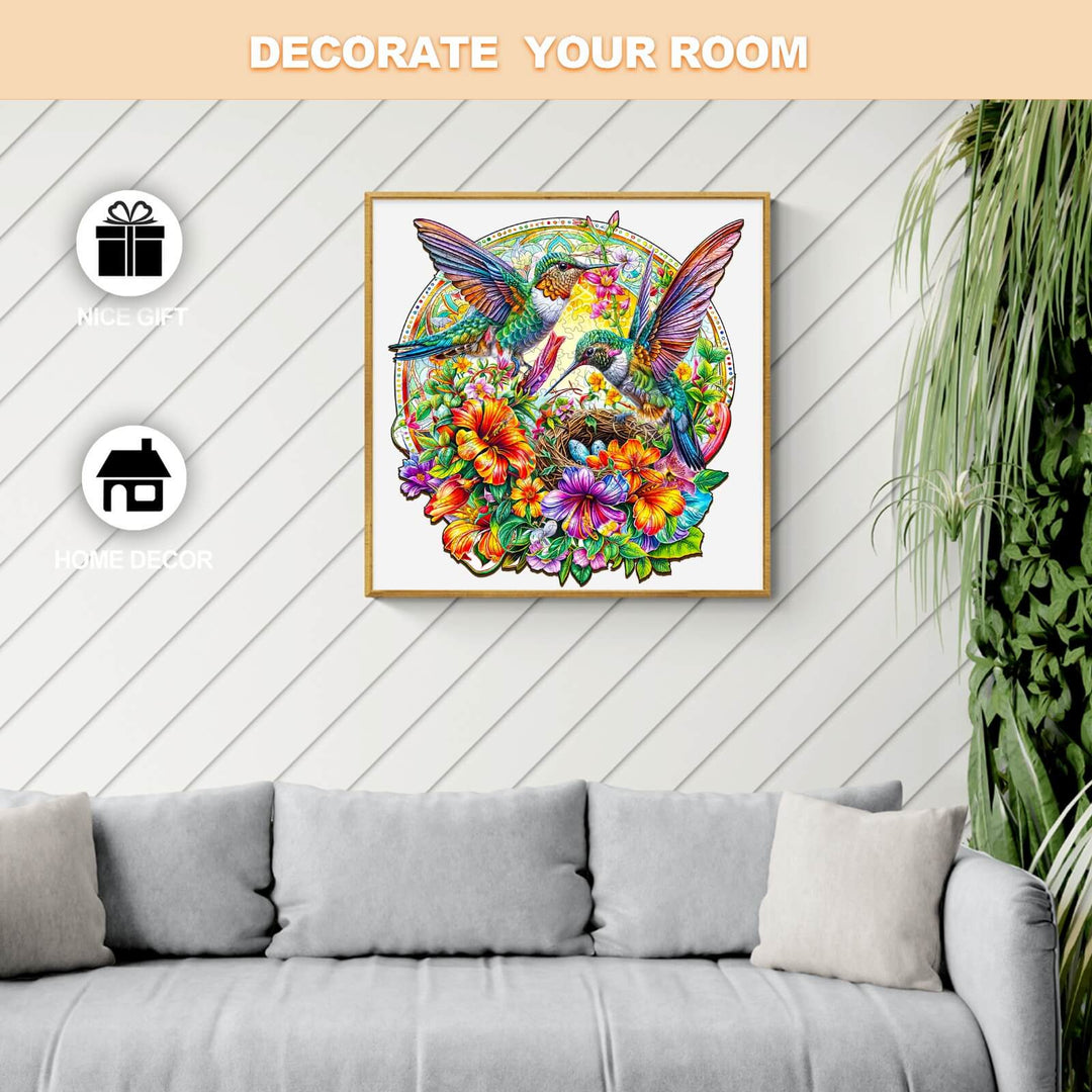 Hummingbird Haven wooden jigsaw puzzle artwork displayed in a cozy living room setting, vibrant colors and floral design.