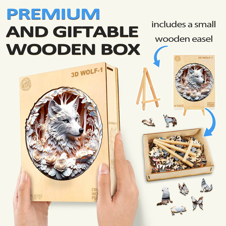 3D Wolf-1 Wooden Jigsaw Puzzle in premium gift box with small easel, showcasing intricate wolf design and puzzle pieces.