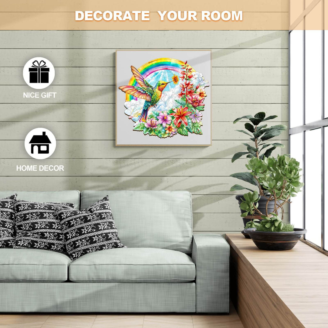 Colorful Angel Hummingbird art print in a cozy living room, enhancing home decor with vibrant flowers and a rainbow.
