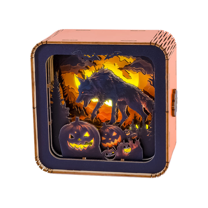 Halloween Wolf Kit 3D wooden puzzle night light featuring a wolf and glowing pumpkins.