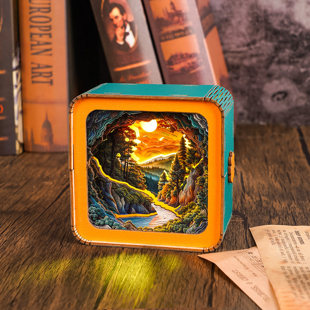 3D wooden puzzle night light featuring a vibrant sunset wilderness scene with a river and trees, perfect for home decor.